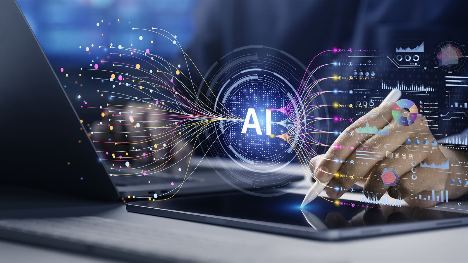 Professional working with AI-driven analytics on a tablet