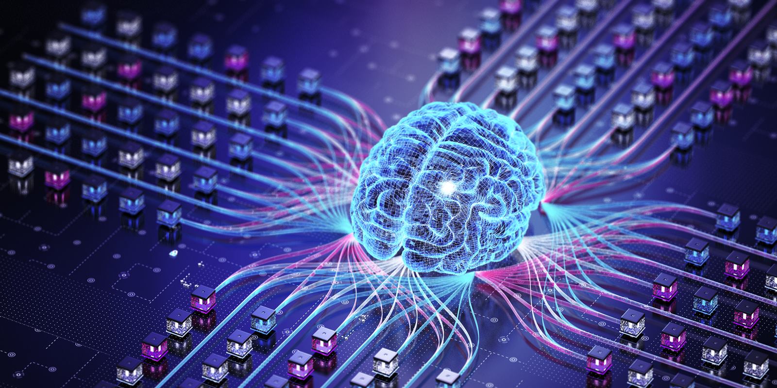 Illuminated AI brain wired into a circuit board
