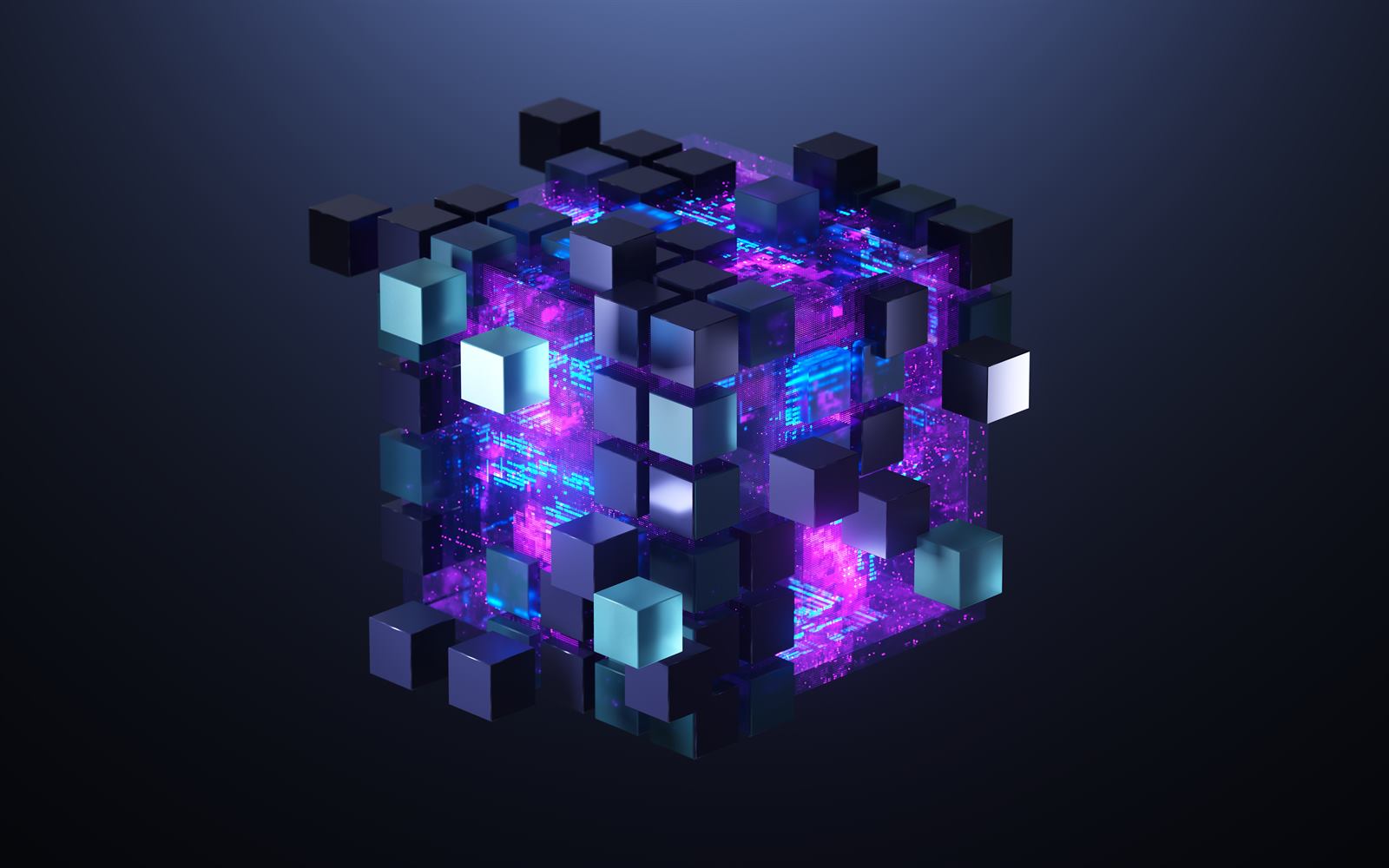 Glowing building blocks assembling into a single cube