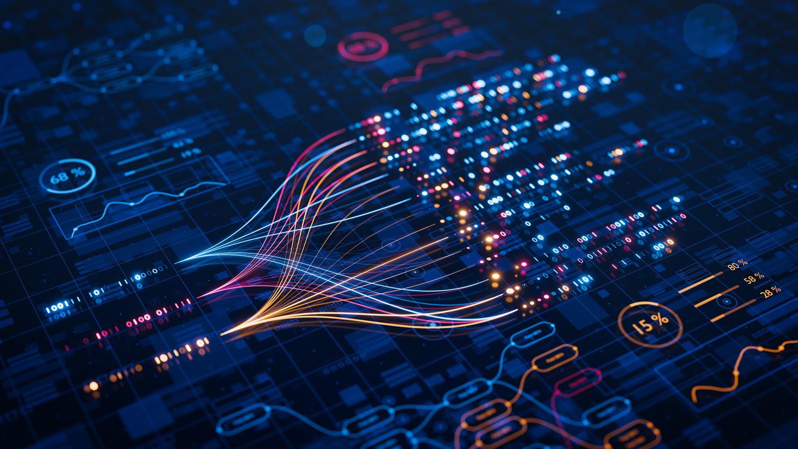 Streams of business data flowing into live dashboards