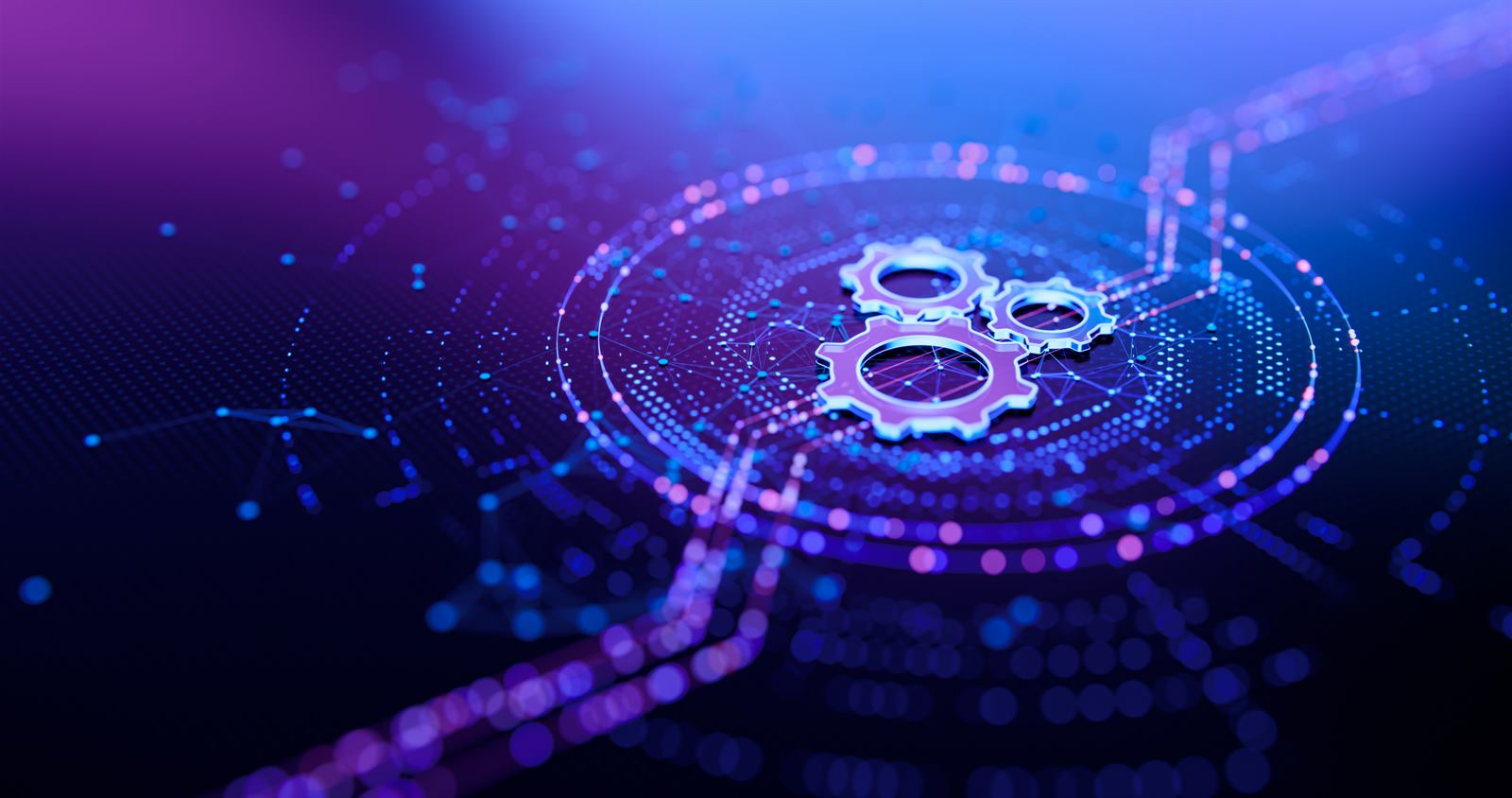 Interlocking gears on a digital circuit, representing well-run business processes