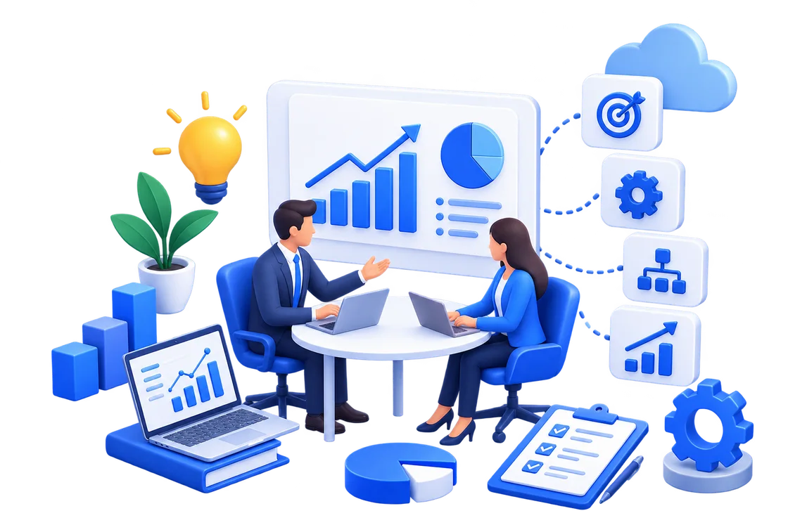 Consultants reviewing business analytics together