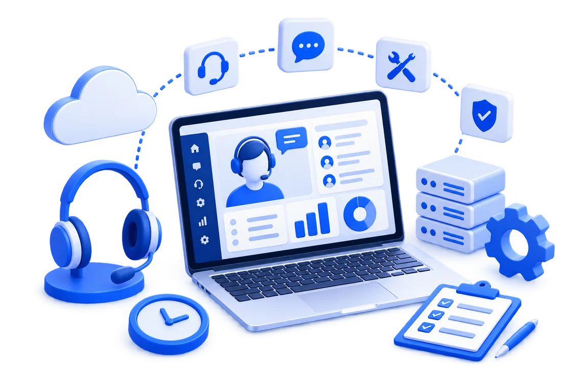 Support desk dashboard with live agent, tickets and monitoring